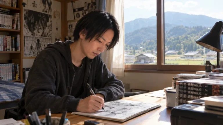 Hajime Isayama as a young art student sketching manga panels