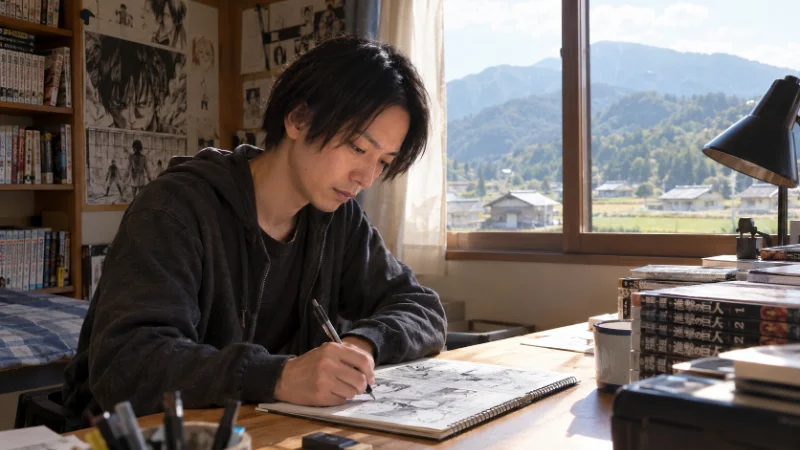Hajime Isayama as a young art student sketching manga panels