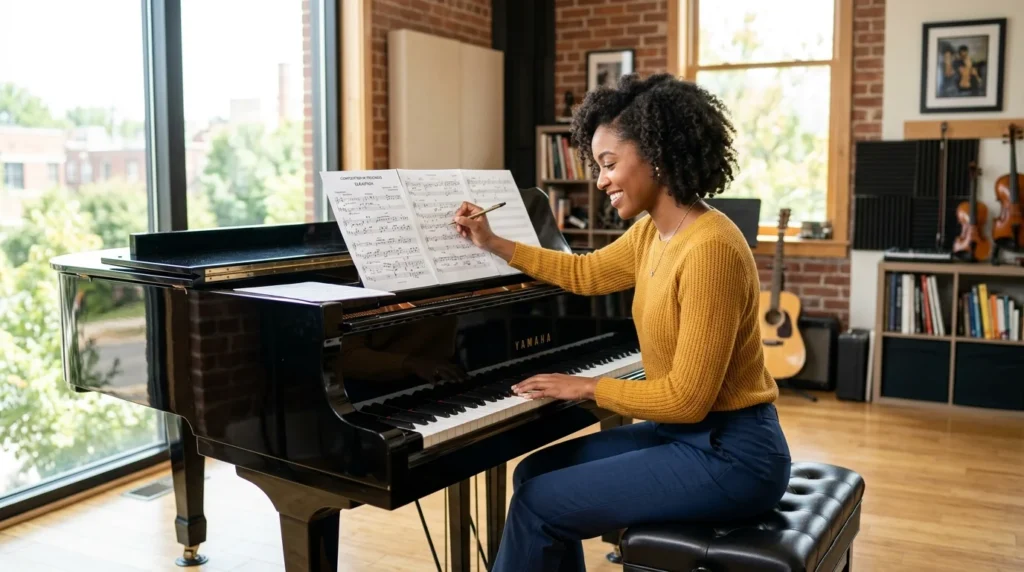 Nia Franklin composing music at a piano