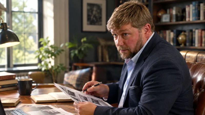Angus Ashworth examining antique military collectibles before a sale