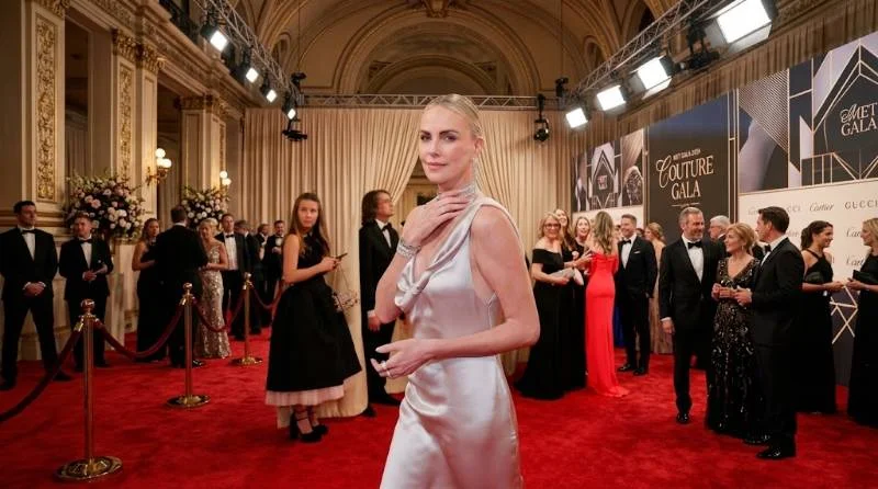 Charlize Theron reviewing a scene as a film producer