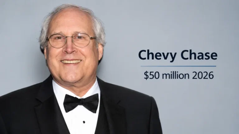 Chevy Chase seated for an interview in a softly lit study
