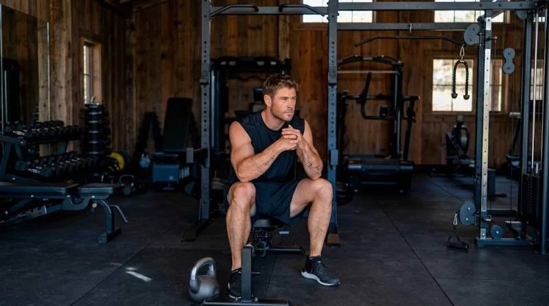 Chris Hemsworth training in a home gym with a kettlebell and workout tablet