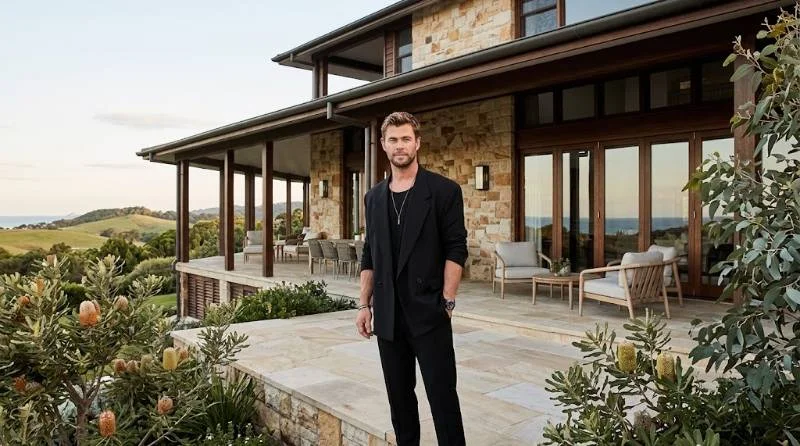 Chris Hemsworth on a deck overlooking the coast near Byron Bay