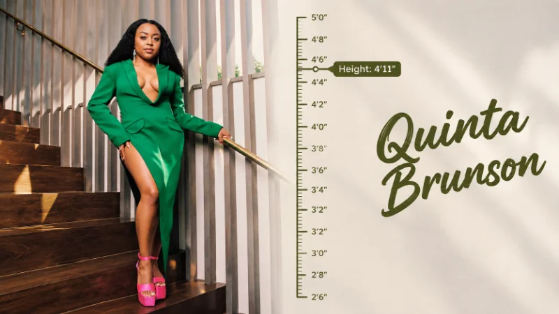 Quinta Brunson standing in a bright studio, illustrating her 4'11" height
