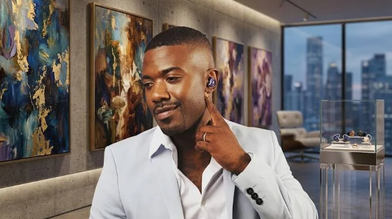 Ray J holding wireless earbuds at a consumer electronics product display